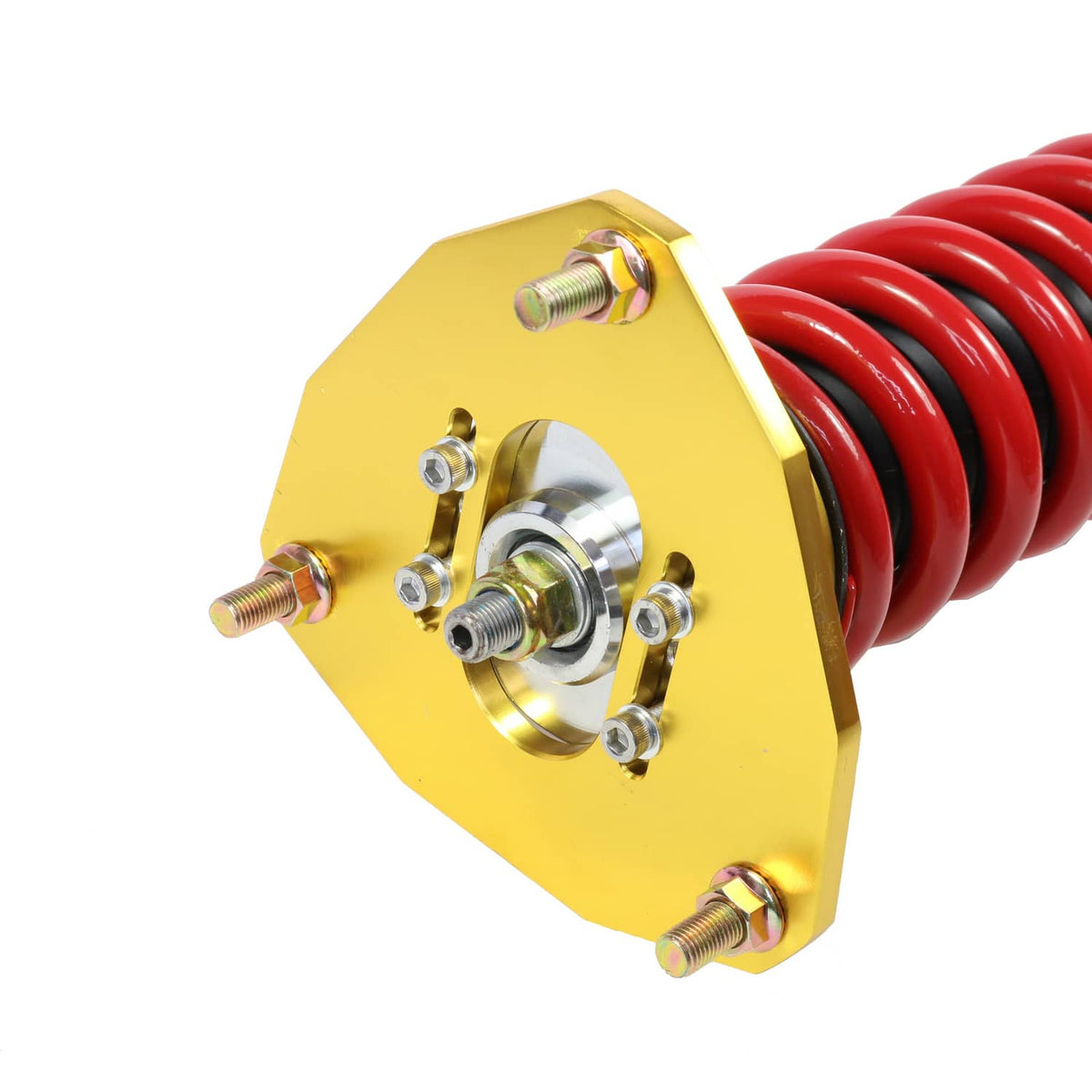 Close-up of adjustable coilover top mount: gold plate with threaded studs and red spring