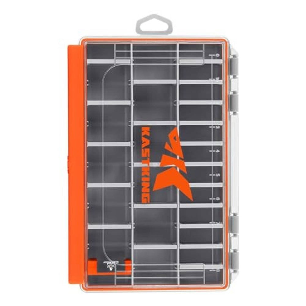Orange waterproof tackle box with clear lid and gray compartment tray organizer