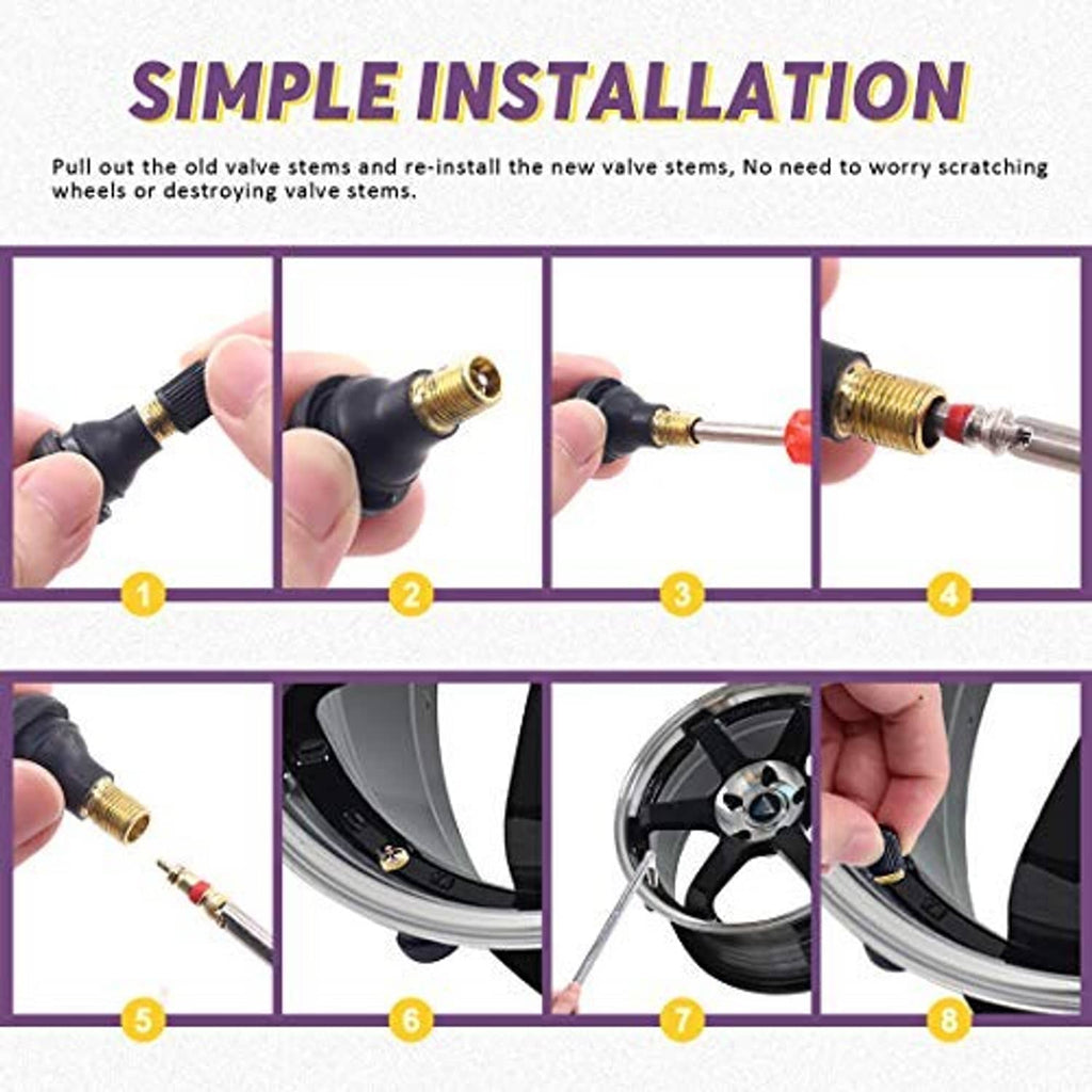 Valve stem installation kit showing snap-in valve caps, brass valve core, and installation tool