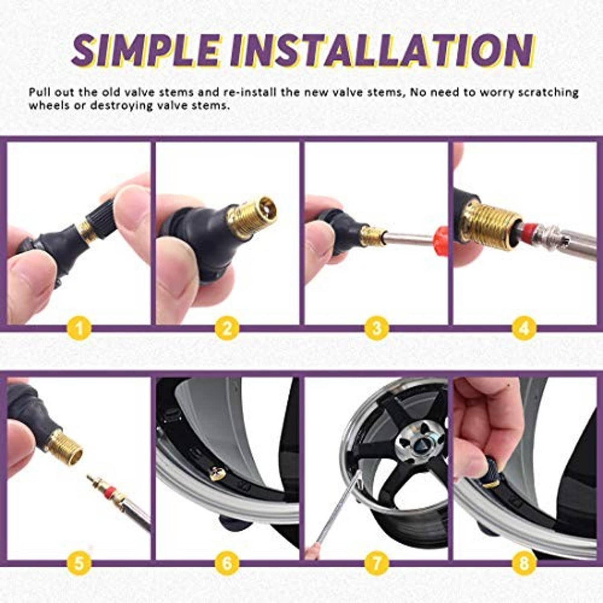 Valve stem installation kit showing snap-in valve caps, brass valve core, and installation tool