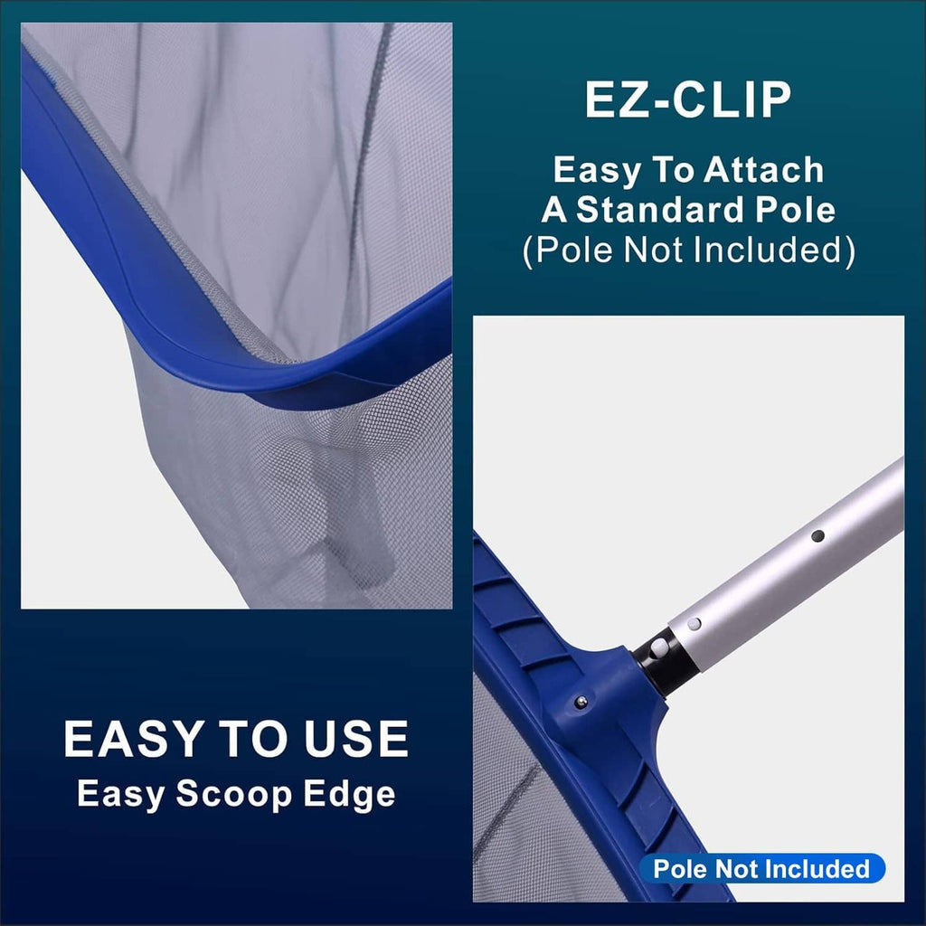 Deep pool skimmer net with navy scoop edge and gray mesh basket, close-up angle