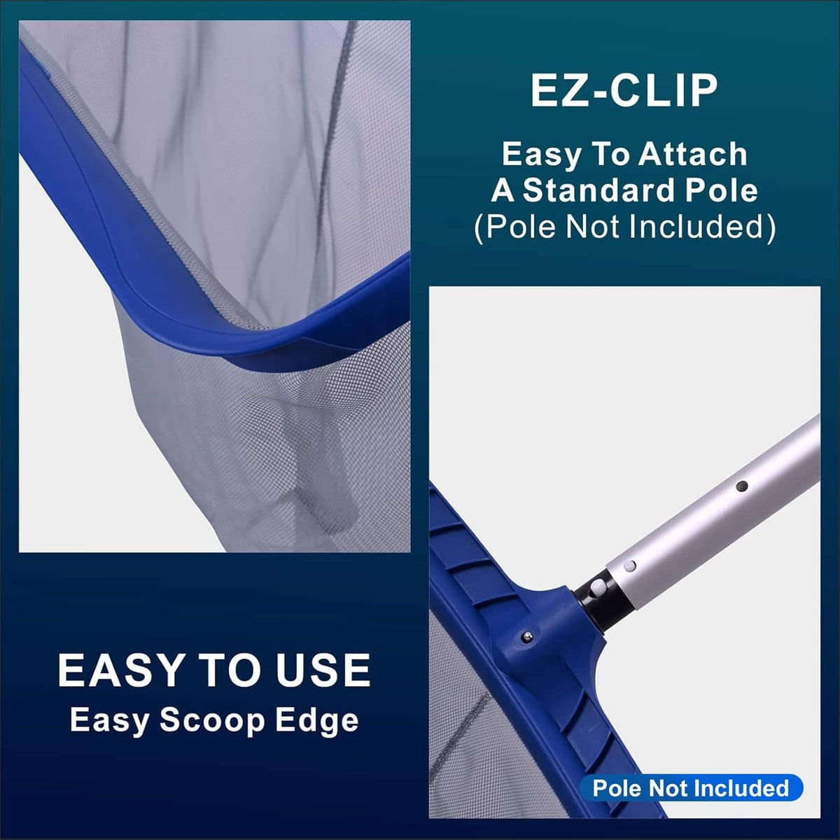 Deep pool skimmer net with navy scoop edge and gray mesh basket, close-up angle
