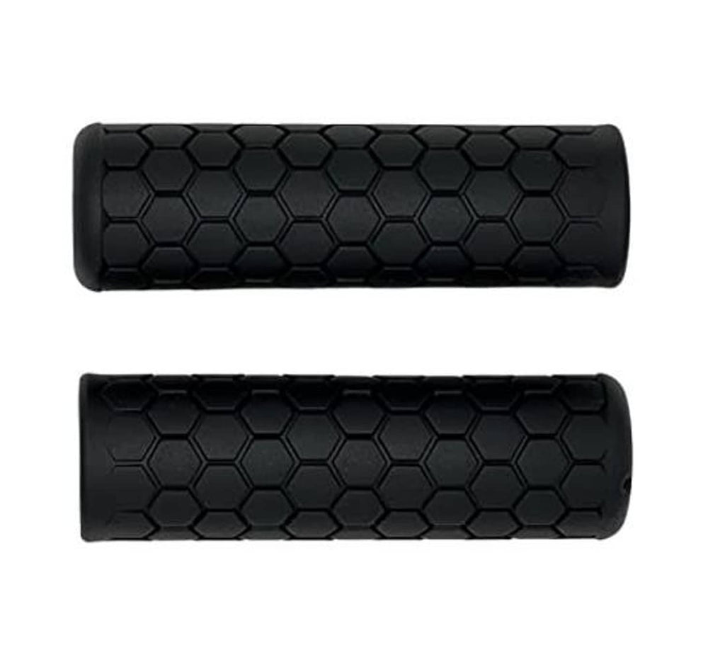 Black hexagon-pattern bike handlebar grips, textured non-slip rubber, angled pair