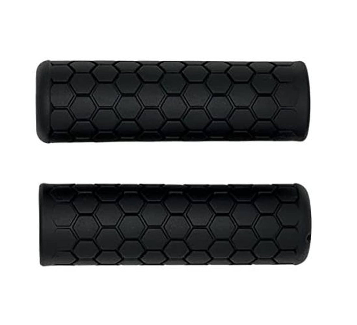 Black hexagon-pattern bike handlebar grips, textured non-slip rubber, angled pair