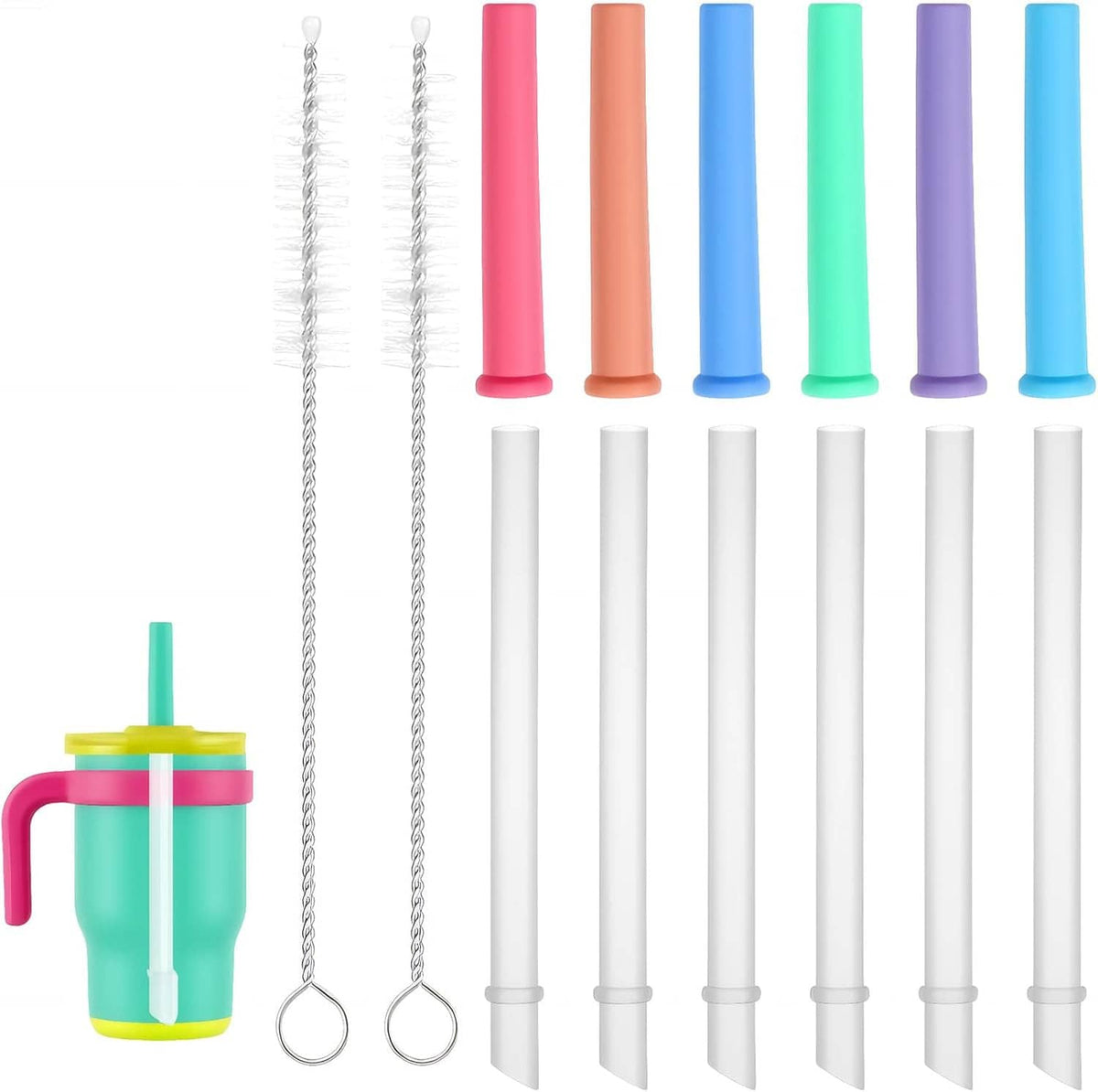 Multi-color silicone straw replacement set with transparent stems and cleaning brushes