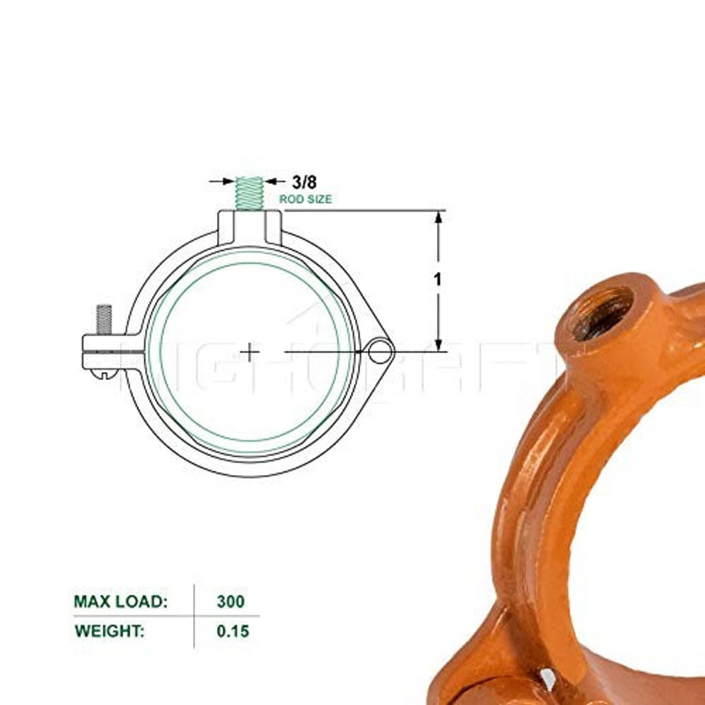 Orange hinged split ring pipe hanger with measurement diagram for 3/8 rod