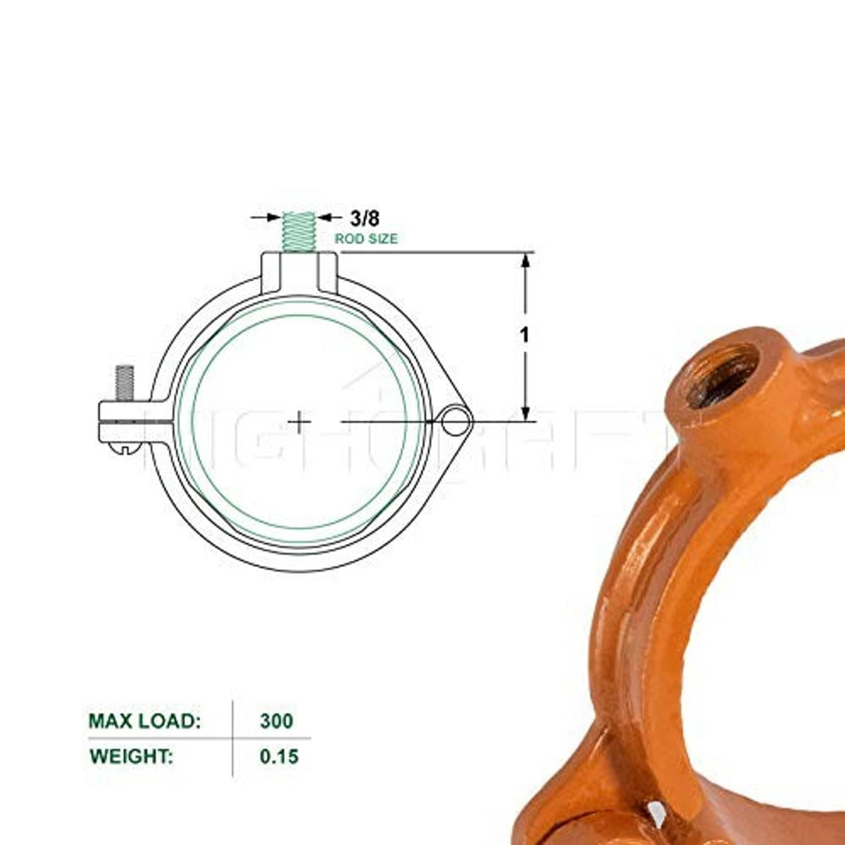 Orange hinged split ring pipe hanger with measurement diagram for 3/8 rod