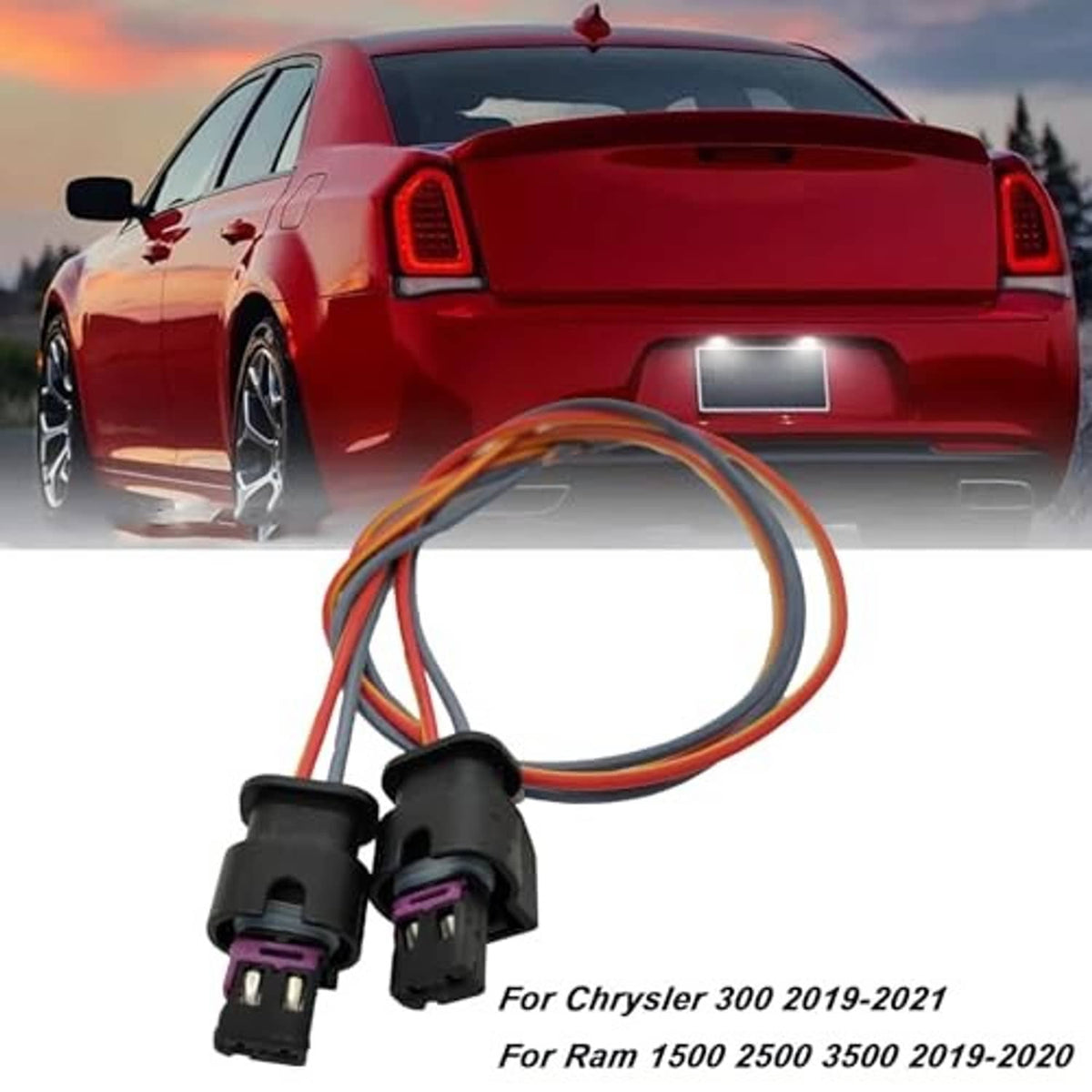 Pair of license plate light wiring pigtail connectors with orange, red, and blue leads