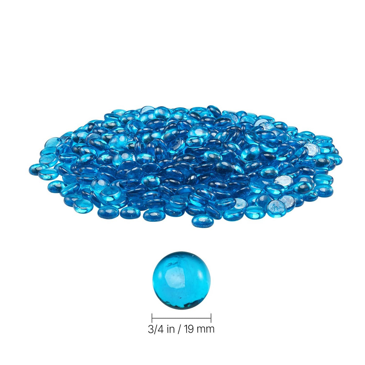 Caribbean blue round glass bead with 3/4-inch (19 mm) size next to a bead pile