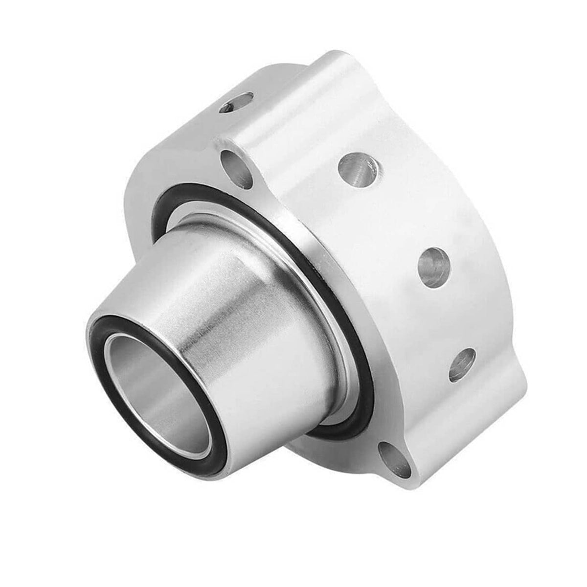 Blow-off valve spacer with black gasket ring and silver metal housing