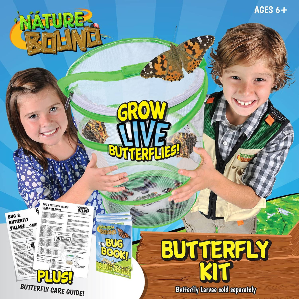 Butterfly growing kit with green mesh habitat and butterfly larva-filled net cup.