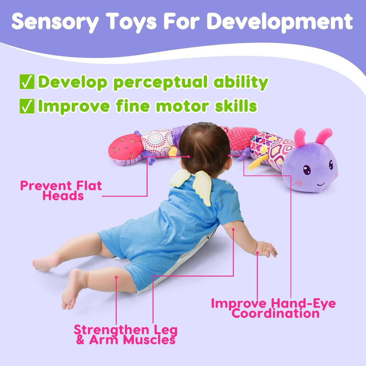 Purple plush caterpillar toy with textured segments and dangling activity parts