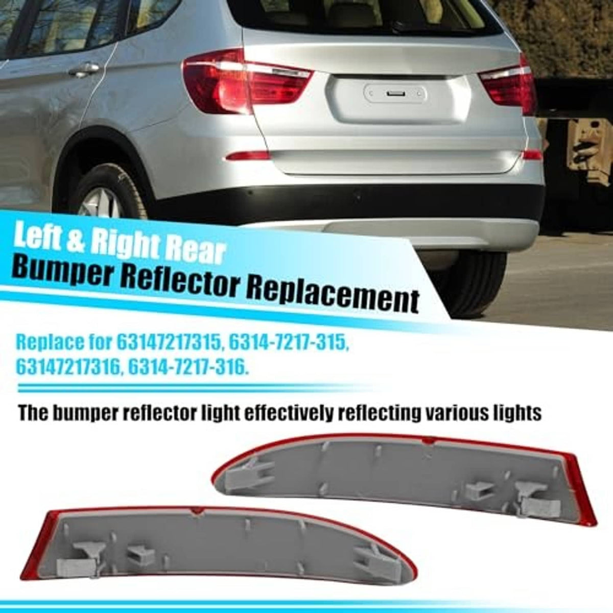 Left and right rear bumper reflector replacement with red lenses and plastic housings