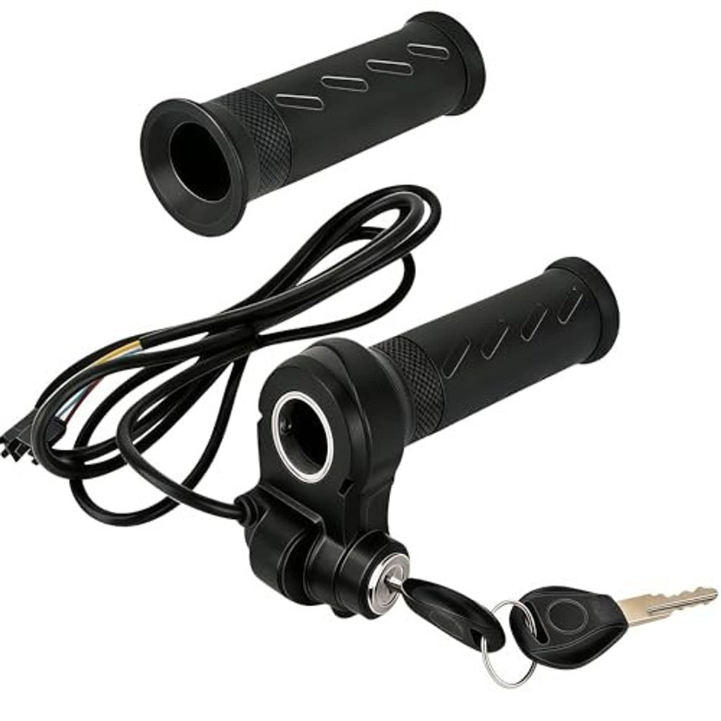 Black full twist throttle grip with wire harness, keys, and handle end detail.