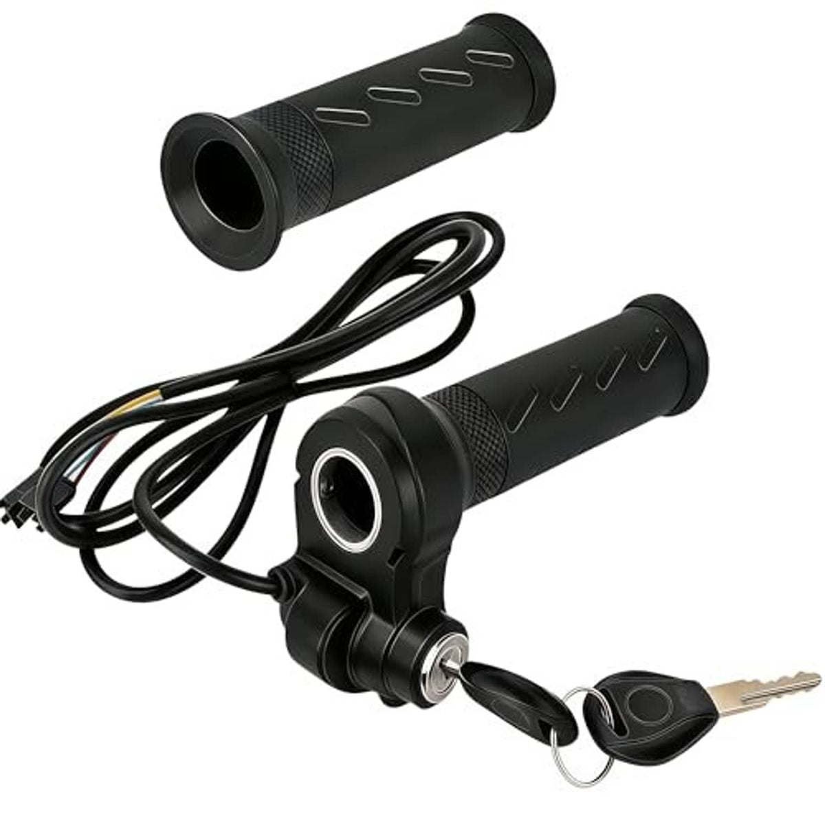 Black full twist throttle grip with wire harness, keys, and handle end detail.