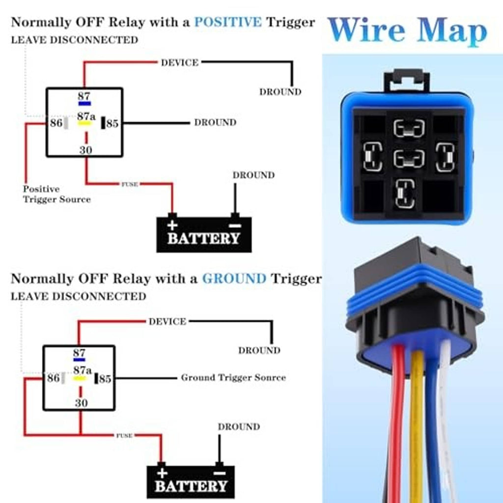 Wire map for 5-pin relay socket showing terminal layout on blue connector