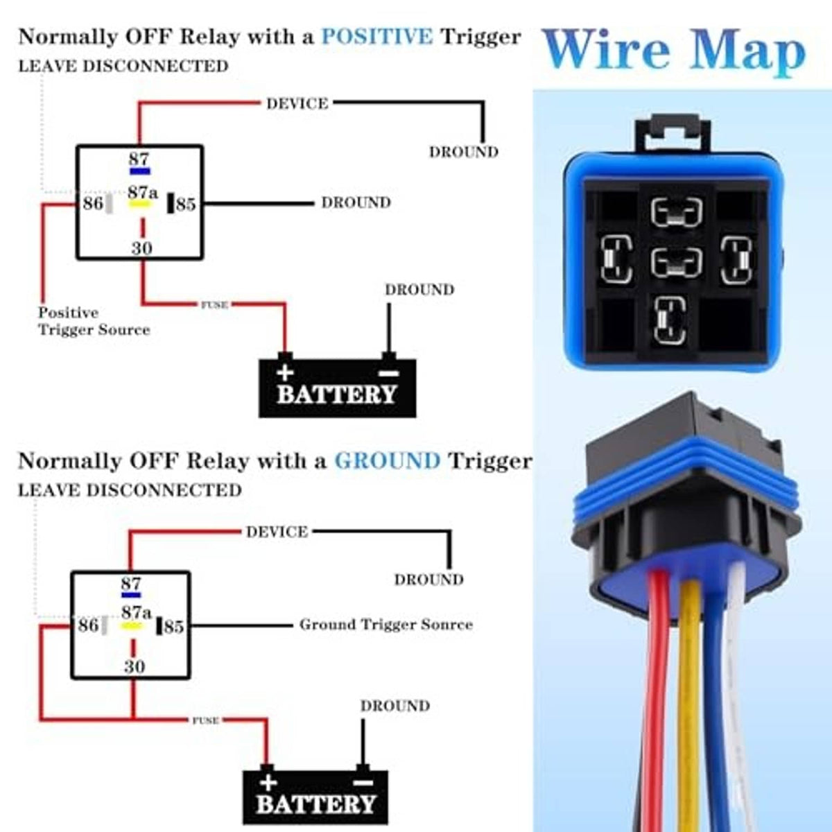 Wire map for 5-pin relay socket showing terminal layout on blue connector