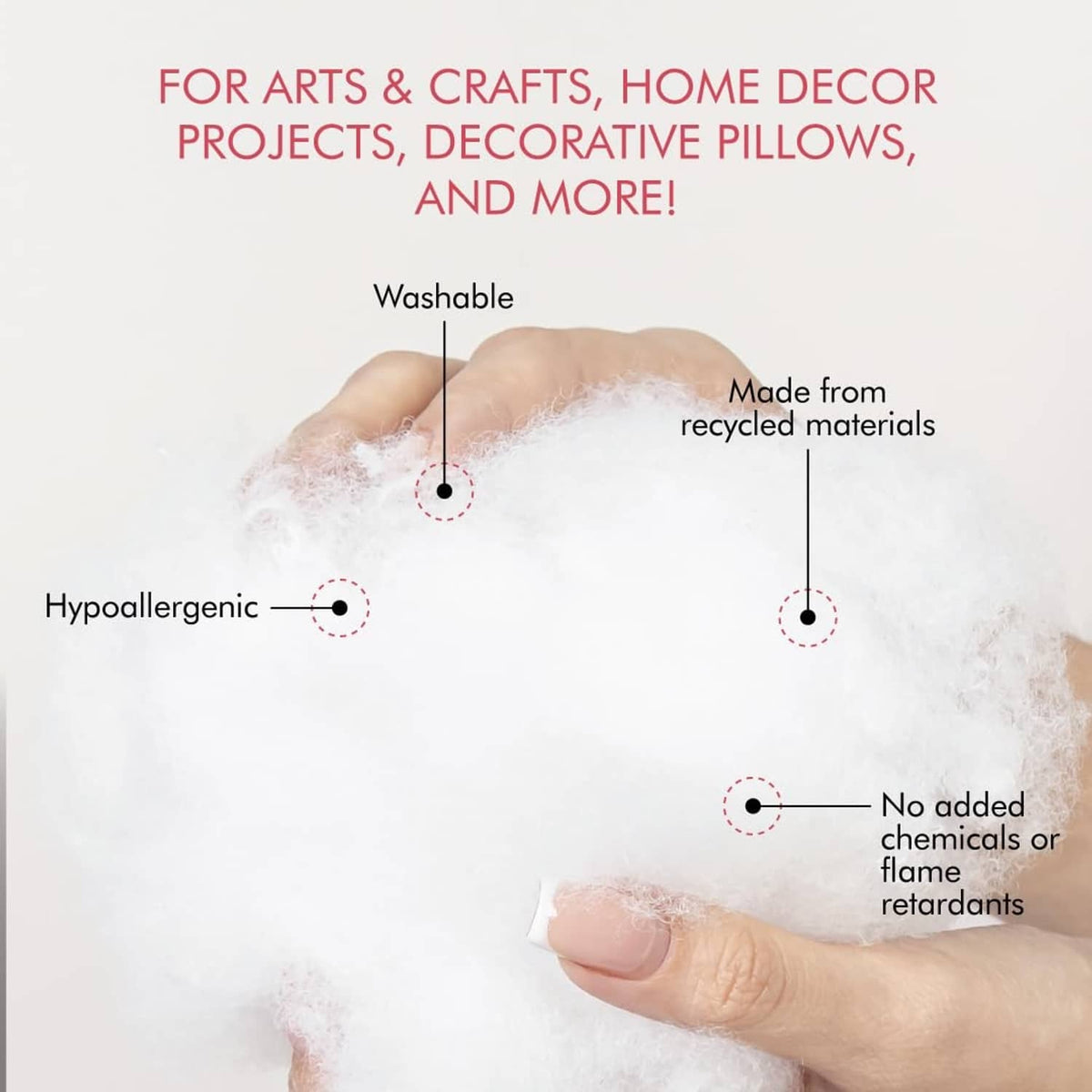 Polyester fiber fill stuffing, white hypoallergenic, washable, no added flame retardants