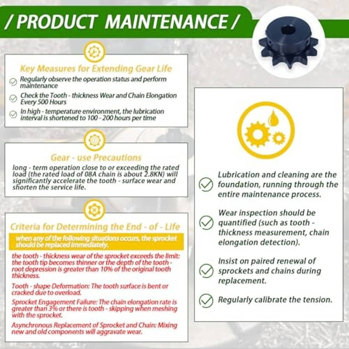 Roller chain sprocket maintenance guide with lubrication and key wear notes