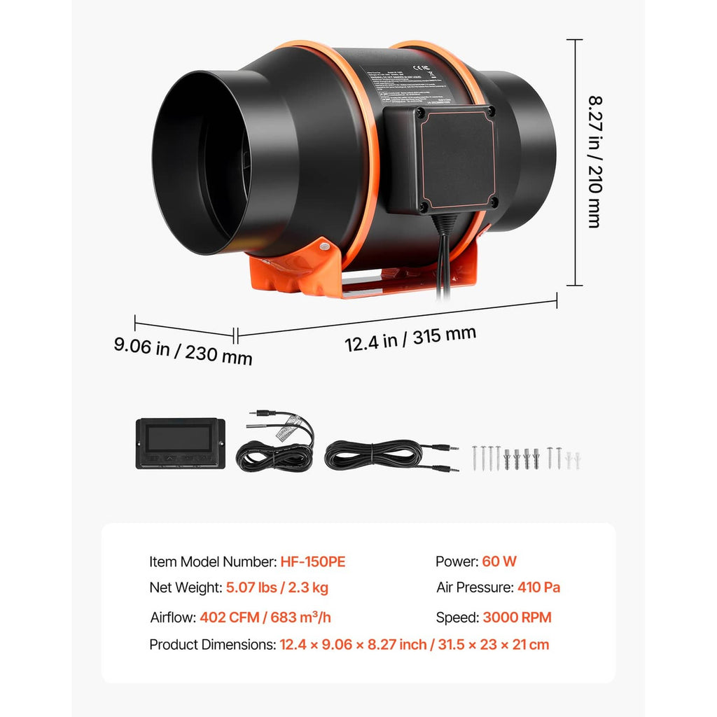 6-inch inline ventilation fan with black duct ends, orange mount, and included controller parts