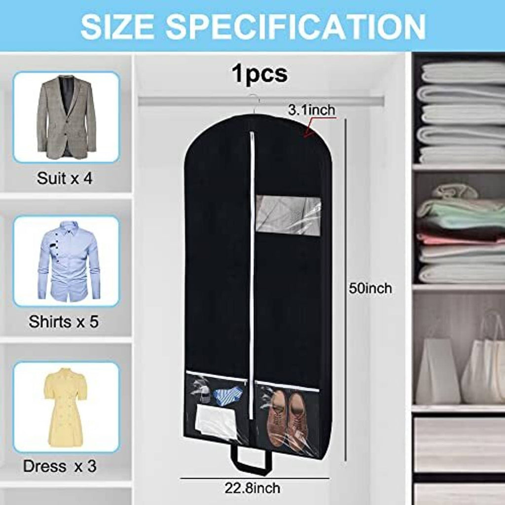 Black suit garment bag with hanging zipper front and clear window panel