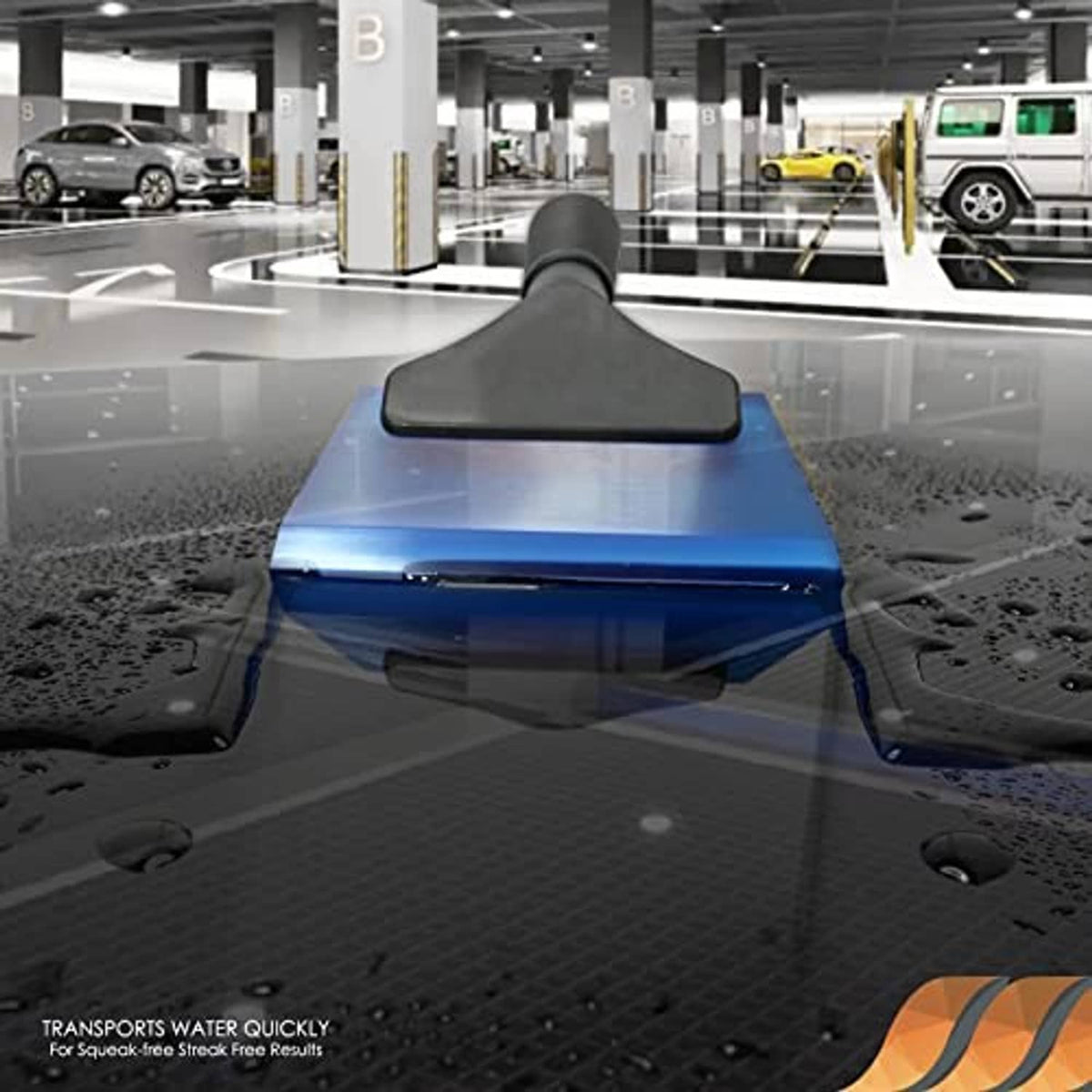 Blue rubber squeegee with black blade used on a tinted windshield to remove water