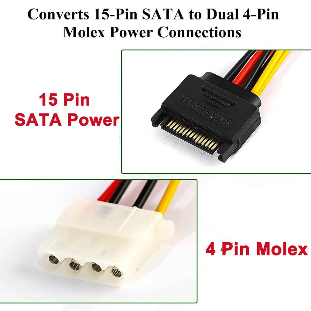 SATA 15-pin male to dual Molex 4-pin power connector cable, black and white