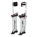 Adjustable drywall stilts with silver frames, black bases, and red-black knee pads
