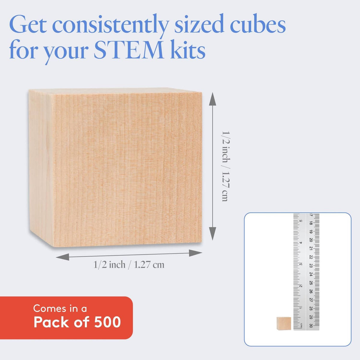 Natural 1/2-inch wooden cube blocks, pack of 500, shown with size reference