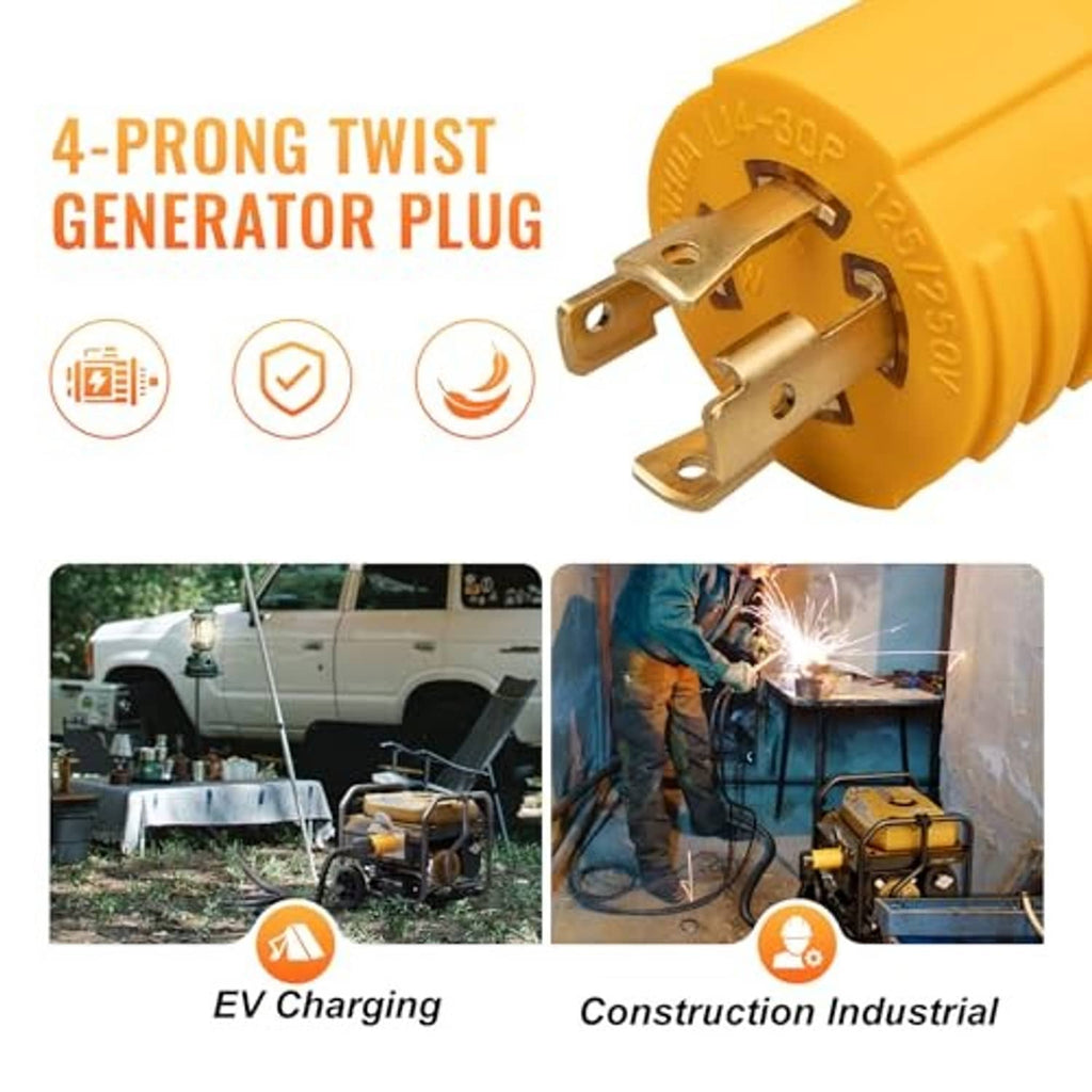 Yellow 4-prong twist generator plug adapter with metal prongs and outlet face