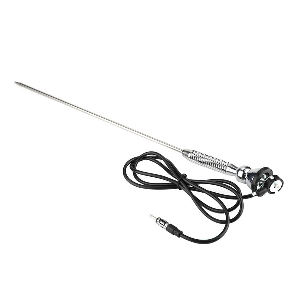 Universal car AM antenna with long silver mast, coiled chrome spring, black wiring