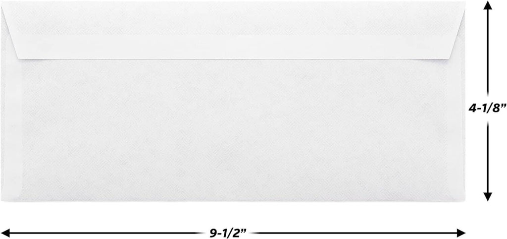 White security envelope with size diagram, 4-1/8 in tall and 9-1/2 in wide