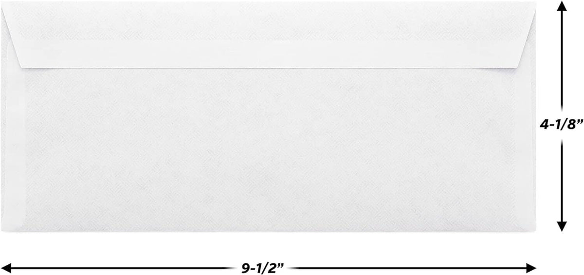 White security envelope with size diagram, 4-1/8 in tall and 9-1/2 in wide