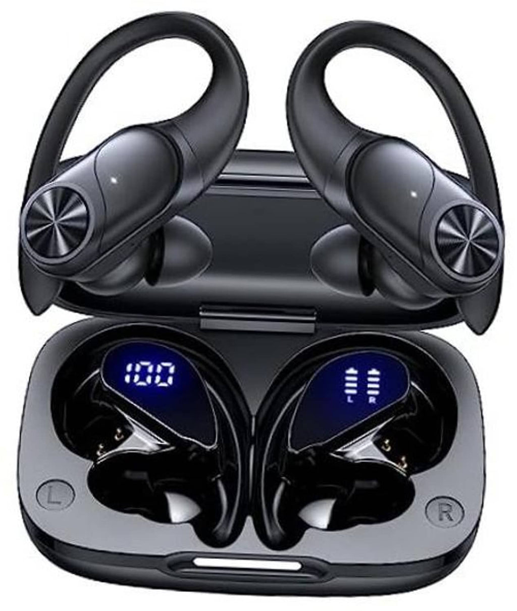 Black wireless earbuds in charging case, showing dual LED and L/R labels