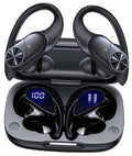 Black wireless earbuds in charging case, showing dual LED and L/R labels