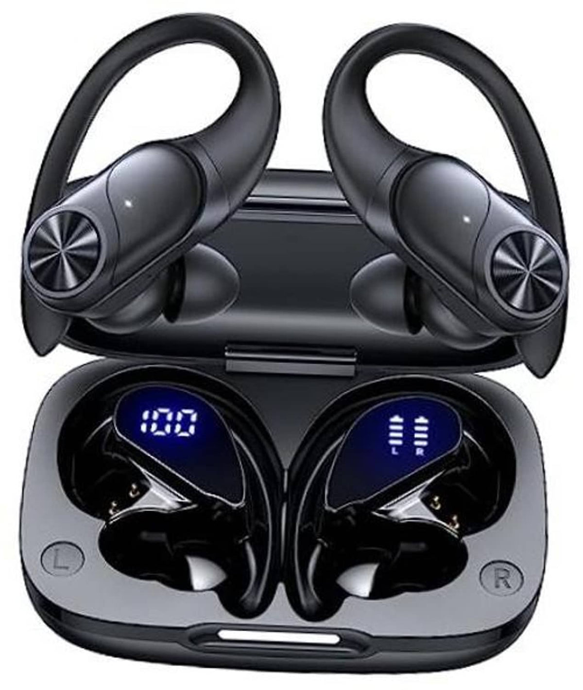 Black wireless earbuds in charging case, showing dual LED and L/R labels