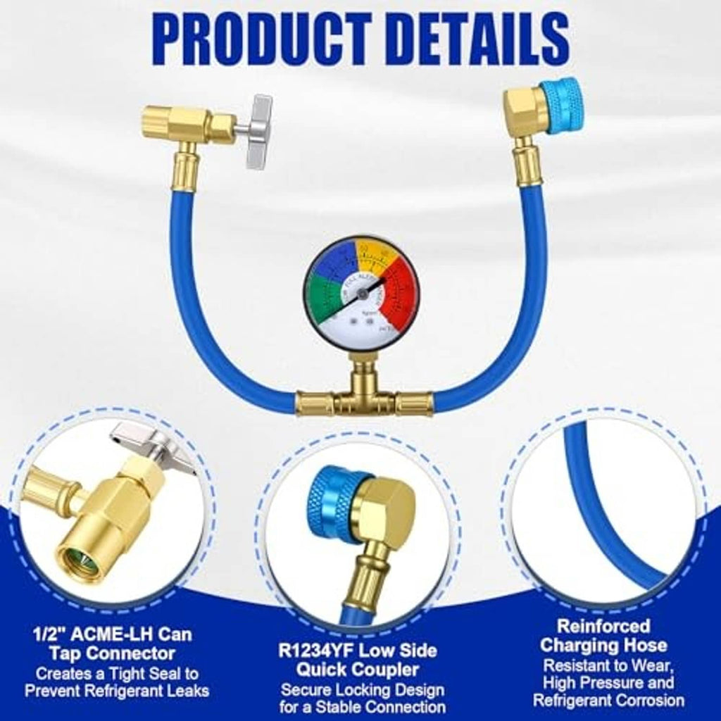 Charging hose kit with blue hose, brass fittings, and round pressure gauge