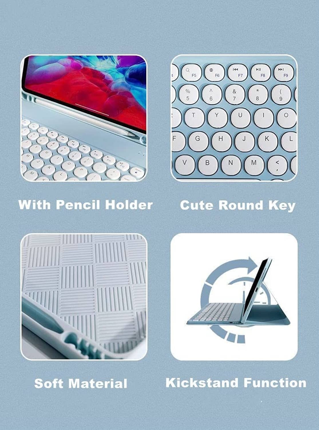Mint blue tablet keyboard case with pencil holder, round white keys, and kickstand