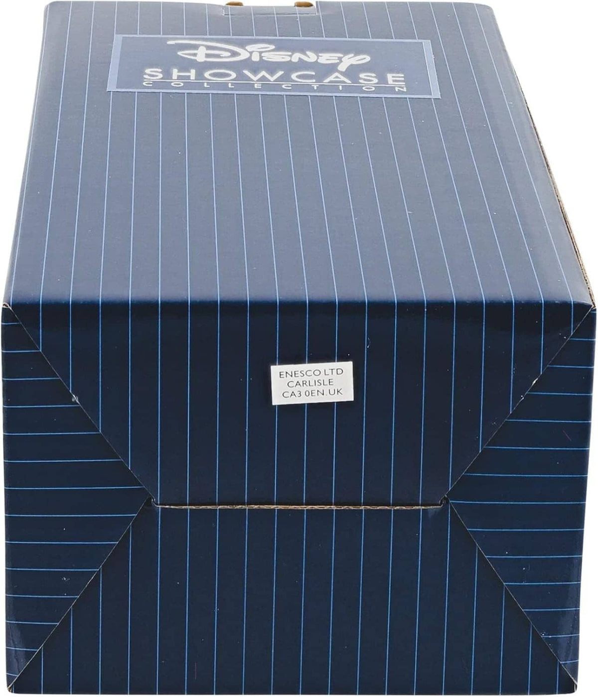 Enesco Ltd Disney Showcase box side with white label on blue pinstripe carton