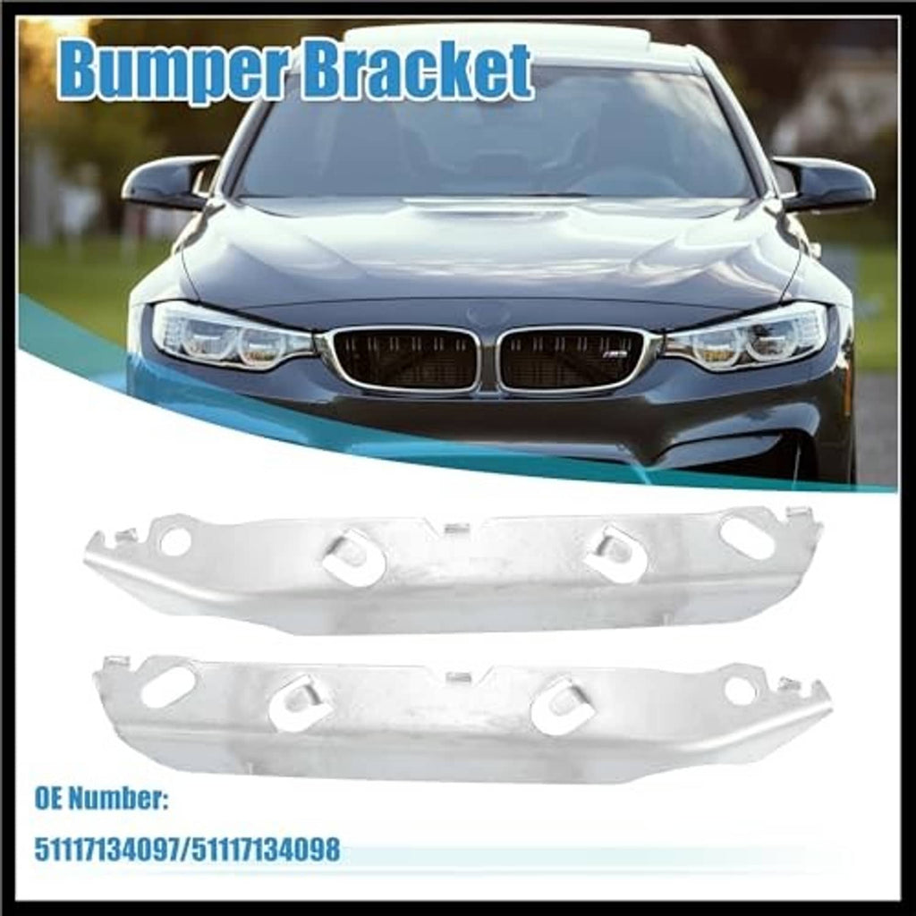 Front bumper mounting support bracket pair, silver metal components shown with car front