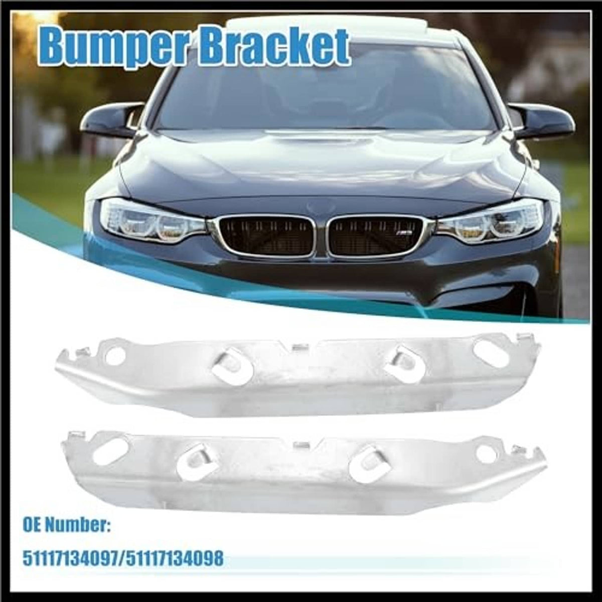 Front bumper mounting support bracket pair, silver metal components shown with car front