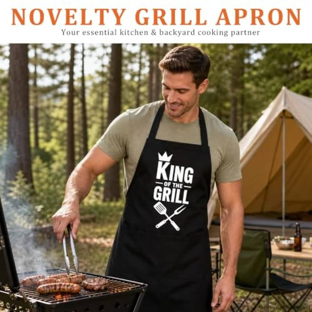 Black BBQ apron worn by a man, with 'King of the Grill' logo and crossed utensils
