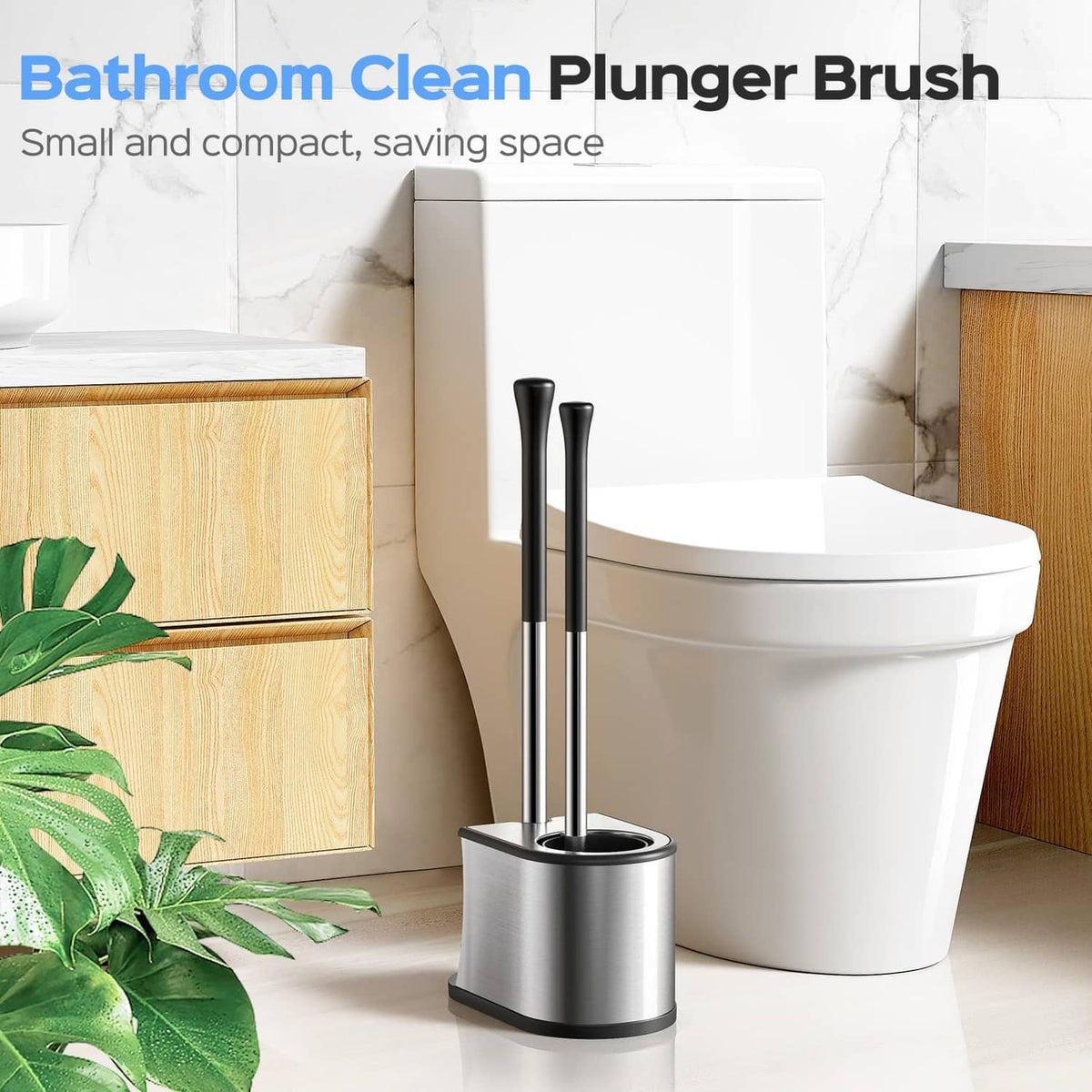 Toilet plunger and brush set with stainless canister and black tools, upright compact design