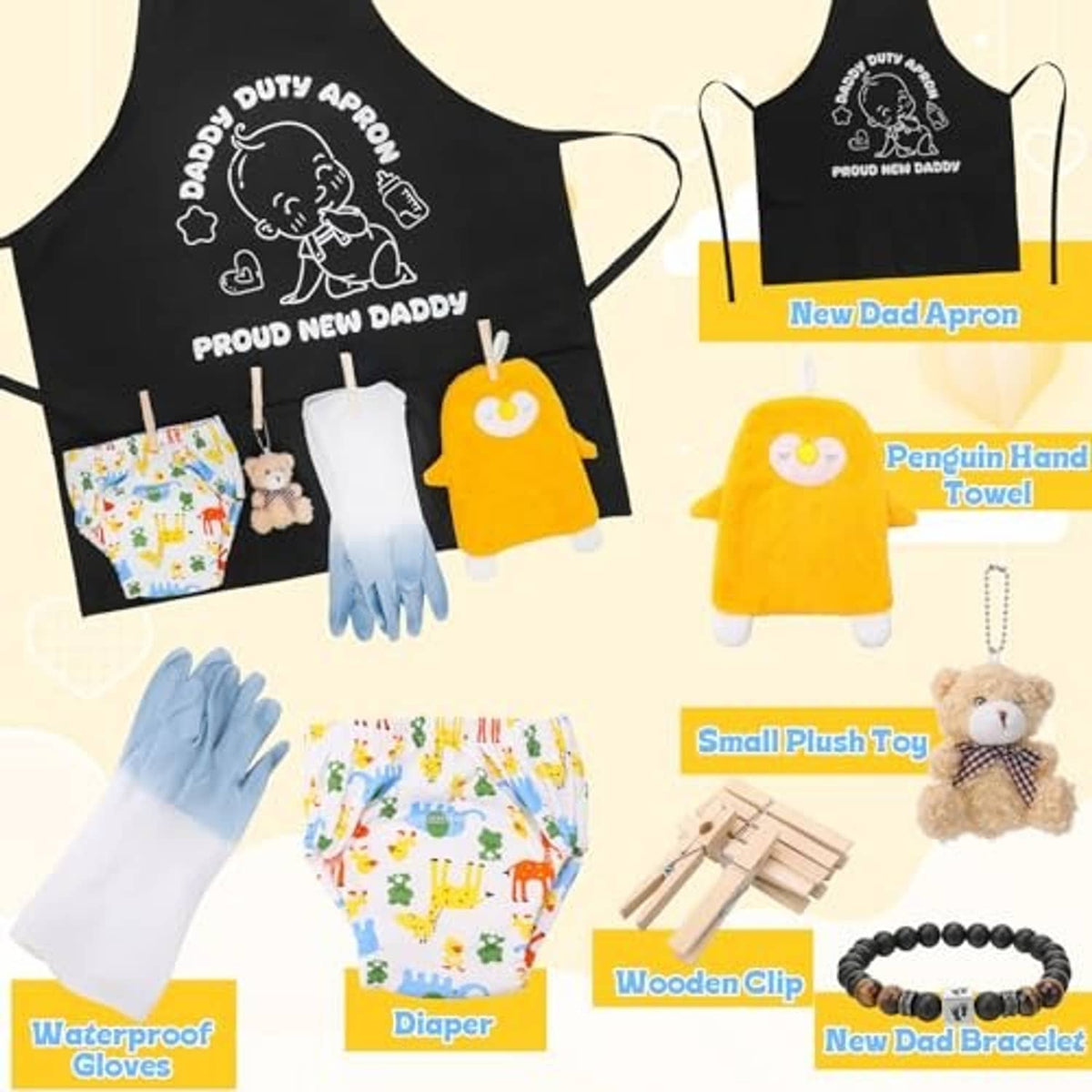 Black dad apron with front pockets and printed graphic, shown with gift accessories