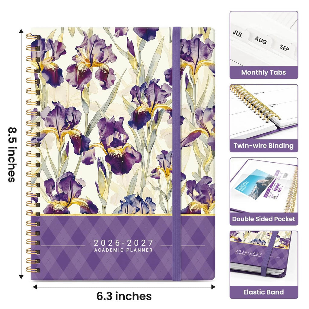 Floral purple academic planner cover with twin-wire binding and pocket detail
