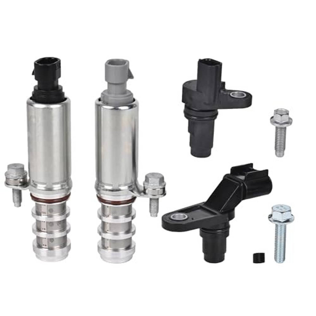 Set of camshaft actuators and crankshaft sensor, black and silver, with screws