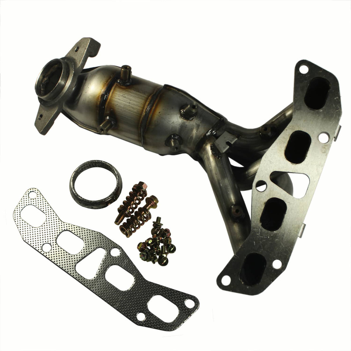 Exhaust manifold with catalytic converter, flange plate and gasket with included hardware