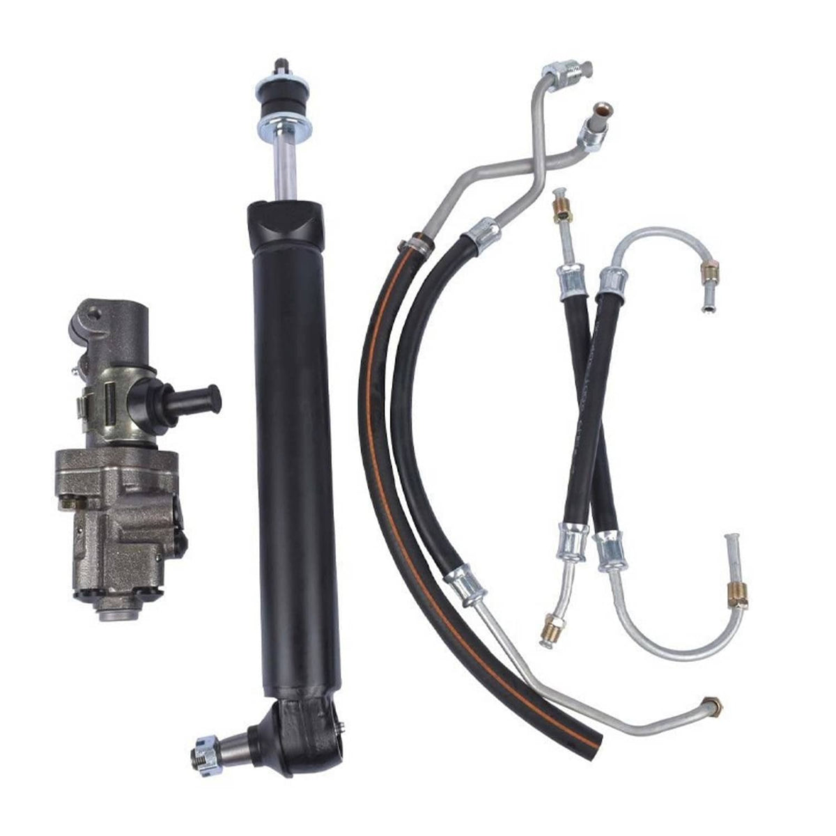 Power steering cylinder and valve assembly with curved metal lines and black hoses