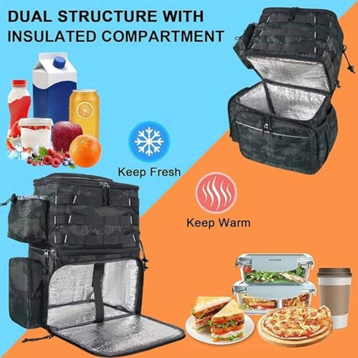 Dark camo fishing backpack with insulated cooler-style compartment and carry handles