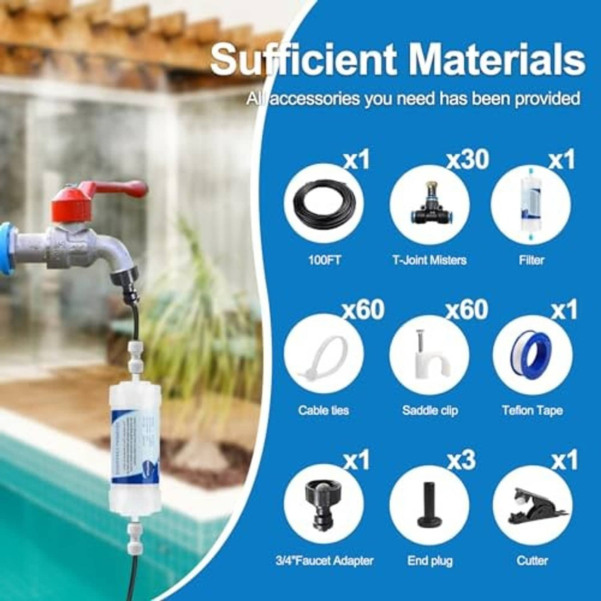 Outdoor water misting system kit accessories: T-joints, filter, cable ties, end plug